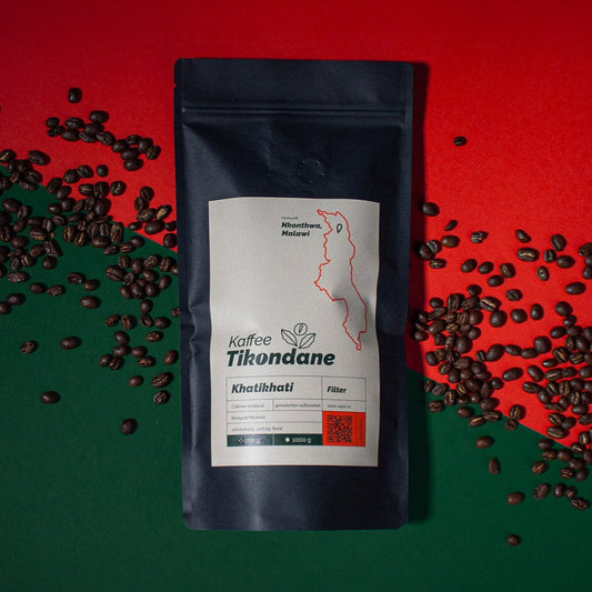 Beutel Kaffeebohnen Kathikatki aus Malawi nach Aachen.